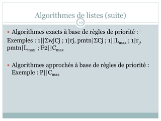 Algorithmes de listes (suite)
— Algorithmes exacts à base de règles de priorité :
Exemples : 1||ΣwjCj ; 1|rj, pmtn|ΣCj ; 1||Lmax ; 1|rj,
pmtn|Lmax ; F2||Cmax
— Algorithmes approchés à base de règles de priorité :
Exemple : P||Cmax
10
 