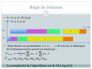Règle de Johnson
— A= {1, 3, 2} ; B={5,4}
— S*= (1, 3, 2, 5, 4)
— Etant donné une permutation i=1; 2; . . . ; n de travaux, le Makespan
de l’ordonnancement associé est donné par :
C*
max= p11+p21+p31+p51+p52+p42
— La complexité de l’algorithme est de O(n log (n))
C
*
max=24
1
1
3
3
2
2
5
5
4
4
M1
M2
Cmax = max
u
( pi1
i=1
u
∑ + pi 2
i=u
n
∑ )
22
 