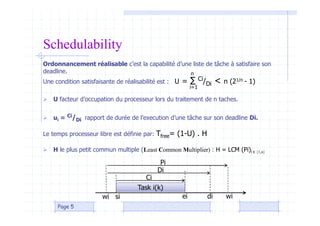 Ordonnancement réalisable c’est la capabilité d’une liste de tâche à satisfaire son
deadline.
Une condition satisfaisante de réalisabilité est : U = ∑ Ci/Di < n (21/n - 1)
 U facteur d’occupation du processeur lors du traitement de n taches.
 ui = Ci/Di rapport de durée de l’execution d’une tâche sur son deadline Di.
Le temps processeur libre est définie par: Tfree= (1-U) . H
 H le plus petit commun multiple (Least Common Multiplier) : H = LCM (Pi)i ∈ {1,n}
Page 5
Schedulability
i=1
n
Di
wi si ei di
Task i(k)
Ci
Pi
wi
 