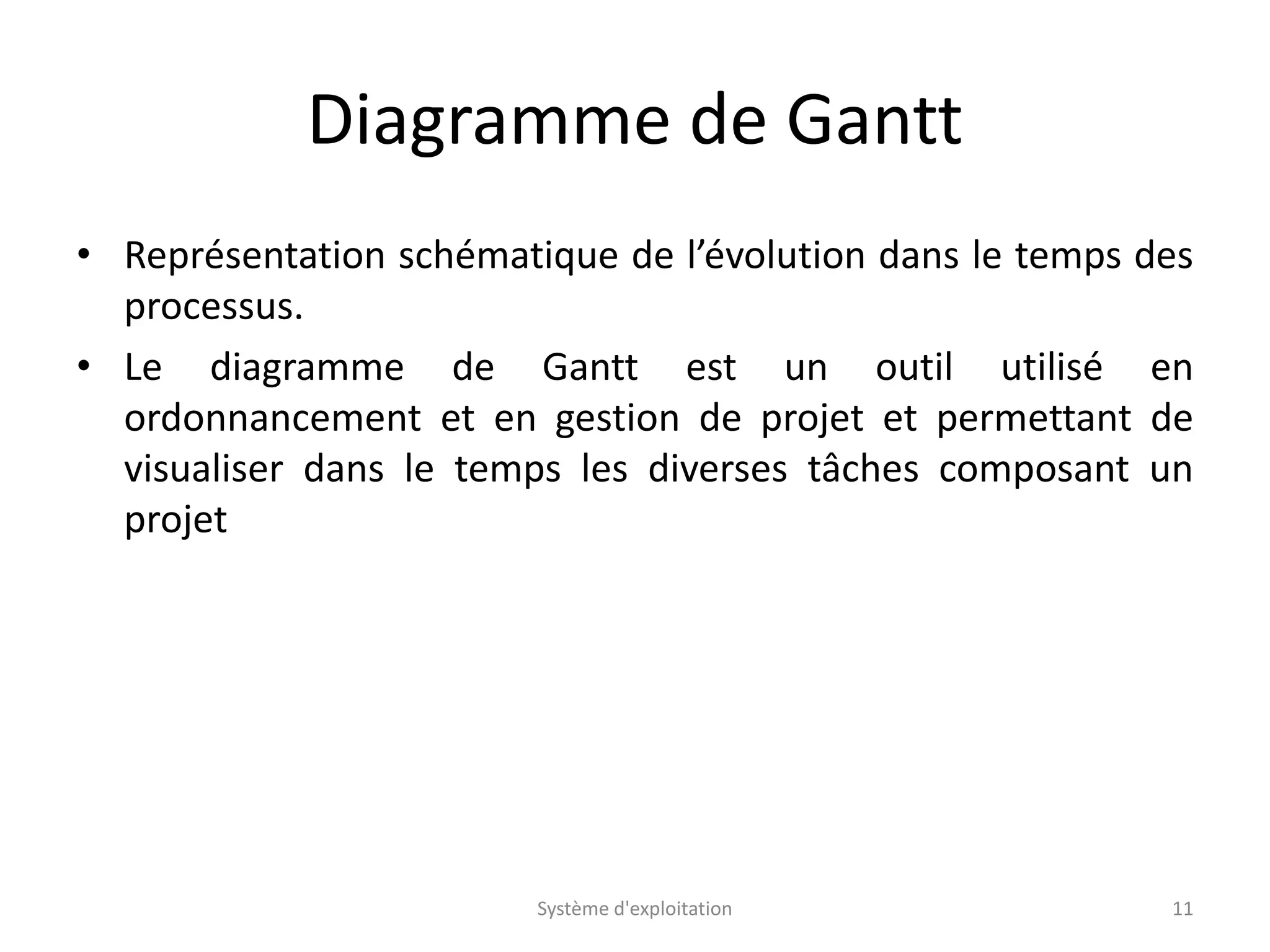 Diagramme de Gantt
• Représentation schématique de l’évolution dans le temps des
processus.
• Le diagramme de Gantt est un outil utilisé en
ordonnancement et en gestion de projet et permettant de
visualiser dans le temps les diverses tâches composant un
projet
Système d'exploitation 11
 