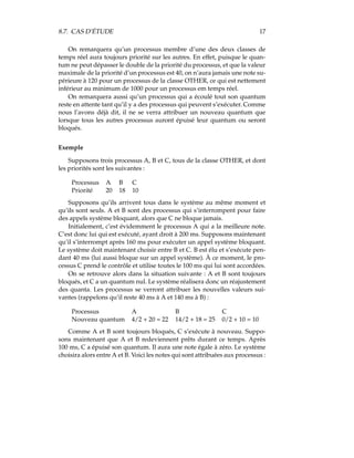 8.7. CAS D’ÉTUDE 17
On remarquera qu’un processus membre d’une des deux classes de
temps réel aura toujours priorité sur les autres. En effet, puisque le quan-
tum ne peut dépasser le double de la priorité du processus, et que la valeur
maximale de la priorité d’un processus est 40, on n’aura jamais une note su-
périeure à 120 pour un processus de la classe OTHER, ce qui est nettement
inférieur au minimum de 1000 pour un processus em temps réel.
On remarquera aussi qu’un processus qui a écoulé tout son quantum
reste en attente tant qu’il y a des processus qui peuvent s’exécuter. Comme
nous l’avons déjà dit, il ne se verra attribuer un nouveau quantum que
lorsque tous les autres processus auront épuisé leur quantum ou seront
bloqués.
Exemple
Supposons trois processus A, B et C, tous de la classe OTHER, et dont
les priorités sont les suivantes :
Processus A B C
Priorité 20 18 10
Supposons qu’ils arrivent tous dans le système au même moment et
qu’ils sont seuls. A et B sont des processus qui s’interrompent pour faire
des appels système bloquant, alors que C ne bloque jamais.
Initialement, c’est évidemment le processus A qui a la meilleure note.
C’est donc lui qui est exécuté, ayant droit à 200 ms. Supposons maintenant
qu’il s’interrompt après 160 ms pour exécuter un appel système bloquant.
Le système doit maintenant choisir entre B et C. B est élu et s’exécute pen-
dant 40 ms (lui aussi bloque sur un appel système). À ce moment, le pro-
cessus C prend le contrôle et utilise toutes le 100 ms qui lui sont accordées.
On se retrouve alors dans la situation suivante : A et B sont toujours
bloqués, et C a un quantum nul. Le système réalisera donc un réajustement
des quanta. Les processus se verront attribuer les nouvelles valeurs sui-
vantes (rappelons qu’il reste 40 ms à A et 140 ms à B) :
Processus A B C
Nouveau quantum 4/2 + 20 = 22 14/2 + 18 = 25 0/2 + 10 = 10
Comme A et B sont toujours bloqués, C s’exécute à nouveau. Suppo-
sons maintenant que A et B redeviennent prêts durant ce temps. Après
100 ms, C a épuisé son quantum. Il aura une note égale à zéro. Le système
choisira alors entre A et B. Voici les notes qui sont attribuées aux processus :
 