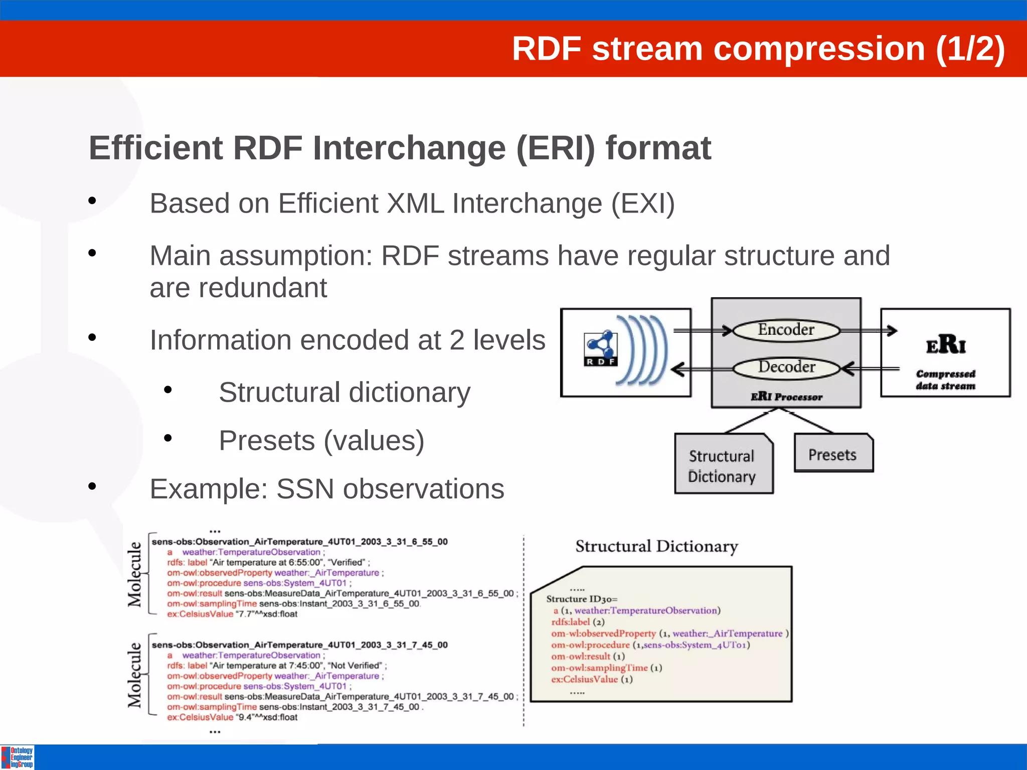 RDF stream compression (1/2) 
Efficient RDF Interchange (ERI) format 
 Based on Efficient XML Interchange (EXI) 
 Main assumption: RDF streams have regular structure and 
are redundant 
 Information encoded at 2 levels 
 Structural dictionary 
 Presets (values) 
 Example: SSN observations 
 