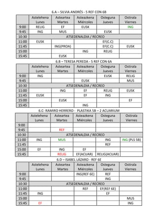 6.A – SILVIA ANDRÉS - 5 REF CON 6B
        Astelehena      Asteartea    Asteazkena     Osteguna    Ostirala
           Lunes         Martes       Miércoles      Jueves     Viernes
9:00       RELIG            EF          EUSK                      ING
9:45        ING           MUS                         EUSK
10:30                          ATSEDENALDIA / RECREO
11:00      EUSK                                      EF(C.C)
11:45                  ING(PROA)                     EF(C.C)     EUSK
15:00                                    ING          RELIG
15:45                     EUSK
                        6.B – TERESA PEREDA - 5 REF CON 6A
        Astelehena      Asteartea    Asteazkena     Osteguna    Ostirala
           Lunes         Martes       Miércoles      Jueves     Viernes
9:00        ING                                       EUSK       RELIG
9:45                                    EUSK                     MUS
10:30                          ATSEDENALDIA / RECREO
11:00                      ING            EF          RELIG      EUSK
11:45      EUSK                           EF           ING
15:00                     EUSK                                     EF
15:45                                    ING
             6.C- RAMIRO HERRERO - PLASTIKA 5B – 2 ACUARIUM
        Astelehena     Asteartea     Asteazkena     Osteguna     Ostirala
          Lunes         Martes        Miércoles      Jueves      Viernes
9:00
9:45                    REF
10:30                         ATSEDENALDIA / RECREO
11:00      ING          MUS                           ING      ING (PLS 5B)
11:45                                                 REF
15:00      EF           ING             EF
15:45                  RELIG        EF(ACUAR) RELIG(ACUAR)
                       6.D – ISABEL LÁZARO - REF 6E
        Astelehena    Asteartea     Asteazkena     Osteguna     Ostirala
          Lunes        Martes        Miércoles      Jueves      Viernes
9:00                                ING(REF 6E)       REF
9:45                                                 ING
10:30                         ATSEDENALDIA / RECREO
11:00                                   REF       EF(REF 6E)
11:45      ING                                         EF
15:00                                                             MUS
15:45       EF                                                    ING
 