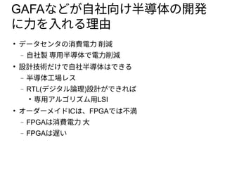 GAFAなどが自社向け半導体の開発
に力を入れる理由

データセンタの消費電力 削減
 自社製 専用半導体で電力削減

設計技術だけで自社半導体はできる
 半導体工場レス
 RTL(デジタル論理)設計ができれば

専用アルゴリズム用LSI

オーダーメイドICは、FPGAでは不満
 FPGAは消費電力 大
 FPGAは遅い
 