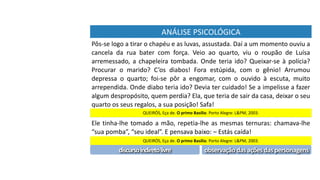 ANÁLISE	PSICOLÓGICA
Pôs-se	logo	a	tirar	o	chapéu	e	as	luvas,	assustada.	Daí	a	um	momento	ouviu	a	
cancela	 da	 rua	 bater	 com	 força.	 Veio	 ao	 quarto,	 viu	 o	 roupão	 de	 Luísa	
arremessado,	 a	 chapeleira	 tombada.	 Onde	 teria	 ido?	 Queixar-se	 à	 polícia?	
Procurar	 o	 marido?	 C’os	 diabos!	 Fora	 estúpida,	 com	 o	 gênio!	 Arrumou	
depressa	 o	 quarto;	 foi-se	 pôr	 a	 engomar,	 com	 o	 ouvido	 à	 escuta,	 muito	
arrependida.	Onde	diabo	teria	ido?	Devia	ter	cuidado!	Se	a	impelisse	a	fazer	
algum	despropósito,	quem	perdia?	Ela,	que	teria	de	sair	da	casa,	deixar	o	seu	
quarto	os	seus	regalos,	a	sua	posição!	Safa!	
QUEIRÓS,	Eça	de.	O	primo	Basílio.	Porto	Alegre:	L&PM,	2003.
Ele	tinha-lhe	tomado	a	mão,	repetia-lhe	as	mesmas	ternuras:	chamava-lhe	
“sua	pomba”,	“seu	ideal”.	E	pensava	baixo:	–	Estás	caída!
QUEIRÓS,	Eça	de.	O	primo	Basílio.	Porto	Alegre:	L&PM,	2003.
discurso	indireto	livre observação	das	ações	das	personagens
 