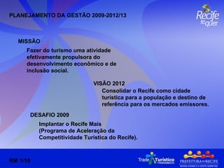 PLANEJAMENTO DA GESTÃO 2009-2012/13 MISSÃO Fazer do turismo uma atividade efetivamente propulsora do desenvolvimento econômico e de inclusão social. VISÃO 2012 Consolidar o Recife como cidade turística para a população e destino de referência para os mercados emissores. DESAFIO 2009 Implantar o Recife Mais  (Programa de Aceleração da Competitividade Turística do Recife). RM 1/10 
