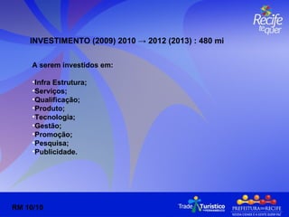 INVESTIMENTO (2009) 2010 -> 2012 (2013) : 480 mi RM 10/10 A serem investidos em:  Infra Estrutura; Serviços; Qualificação; Produto; Tecnologia; Gestão; Promoção; Pesquisa; Publicidade. 
