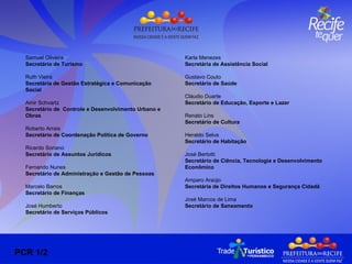 Samuel Oliveira Secretário de Turismo   Ruth Vieira Secretária de Gestão Estratégica e Comunicação Social   Amir Schvartz Secretário de  Controle e Desenvolvimento Urbano e Obras   Roberto Arrais Secretário de Coordenação Política de Governo   Ricardo Soriano Secretário de Assuntos Jurídicos   Fernando Nunes  Secretário de Administração e Gestão de Pessoas Marcelo Barros Secretário de Finanças José Humberto Secretário de Serviços Públicos   Karla Menezes Secretária de Assistência Social   Gustavo Couto Secretário de Saúde   Cláudio Duarte Secretário de Educação, Esporte e Lazer   Renato Lins Secretário de Cultura   Heraldo Selva Secretário de Habitação   José Bertotti Secretário de Ciência, Tecnologia e Desenvolvimento Econômico   Amparo Araújo Secretária de Direitos Humanos e Segurança Cidadã   José Marcos de Lima Secretário de Saneamento PCR 1/2 