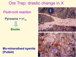 Fluid-rock reaction
Pyroxene + H+
aq
Biotite
Mo-mineralised syenite
(Putteti)
Ore Trap: drastic change in X
 