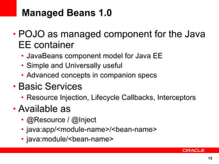 15
Managed Beans 1.0
• POJO as managed component for the Java
EE container
• JavaBeans component model for Java EE
• Simple and Universally useful
• Advanced concepts in companion specs
• Basic Services
• Resource Injection, Lifecycle Callbacks, Interceptors
• Available as
• @Resource / @Inject
• java:app/<module-name>/<bean-name>
• java:module/<bean-name>
 