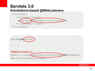 27
Servlets 3.0
Annotations-based @WebListeners
<listener>
<listener-class>
server.LoginServletListener
</listener-class>
</listener>
package server;
. . .
@WebListener()
public class LoginServletListener implements
ServletContextListener {
 