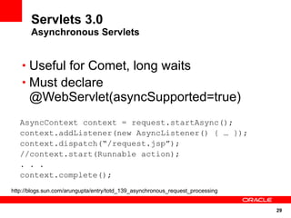 29
Servlets 3.0
Asynchronous Servlets
• Useful for Comet, long waits
• Must declare
@WebServlet(asyncSupported=true)
AsyncContext context = request.startAsync();
context.addListener(new AsyncListener() { … });
context.dispatch(“/request.jsp”);
//context.start(Runnable action);
. . .
context.complete();
http://blogs.sun.com/arungupta/entry/totd_139_asynchronous_request_processing
 
