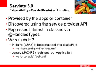 33
Servlets 3.0
Extensibility - ServletContainerInitializer
• Provided by the apps or container
• Discovered using the service provider API
• Expresses interest in classes via
@HandlesTypes
• Who uses it ?
• Mojarra (JSF2) is bootstrapped into GlassFish
• No “faces-config.xml” or “web.xml”
• Jersey (JAX-RS) registers root Application
• No (or portable) “web.xml”
 
