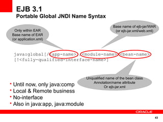 43
EJB 3.1
Portable Global JNDI Name Syntax
java:global[/<app-name>]/<module-name>/<bean-name>
[!<fully-qualified-interface-name>]
Only within EAR
Base name of EAR
(or application.xml)
Base name of ejb-jar/WAR
(or ejb-jar.xml/web.xml)
Unqualified name of the bean class
Annotation/name attribute
Or ejb-jar.xml
• Until now, only java:comp
• Local & Remote business
• No-interface
• Also in java:app, java:module
 