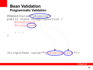 83
Bean Validation
Programmatic Validation
@Named(value=”shopping”)
public class ShoppingService {
@CreditCard
String card;
. . .
}
<h:inputText value="#{shopping.card}"/>
 