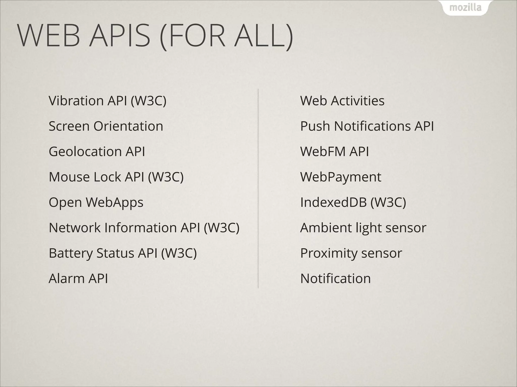 WEB APIS (FOR ALL)
Vibration API (W3C)

Web Activities

Screen Orientation

Push Notiﬁcations API

Geolocation API

WebFM API

Mouse Lock API (W3C)

WebPayment

Open WebApps

IndexedDB (W3C)

Network Information API (W3C)

Ambient light sensor

Battery Status API (W3C)

Proximity sensor

Alarm API

Notiﬁcation

 