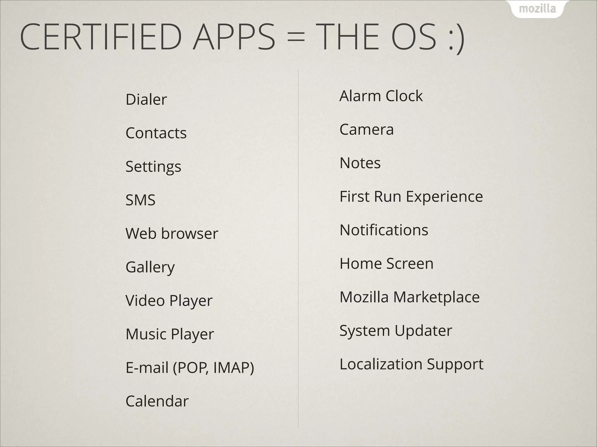 CERTIFIED APPS = THE OS :)
Dialer
!
Contacts
!
Settings
!
SMS
!
Web browser
!
Gallery
!
Video Player
!
Music Player
!
E-mail (POP, IMAP)
!
Calendar

Alarm Clock
!
Camera
!
Notes
!
First Run Experience
!
Notiﬁcations
!
Home Screen
!
Mozilla Marketplace
!
System Updater
!
Localization Support

 