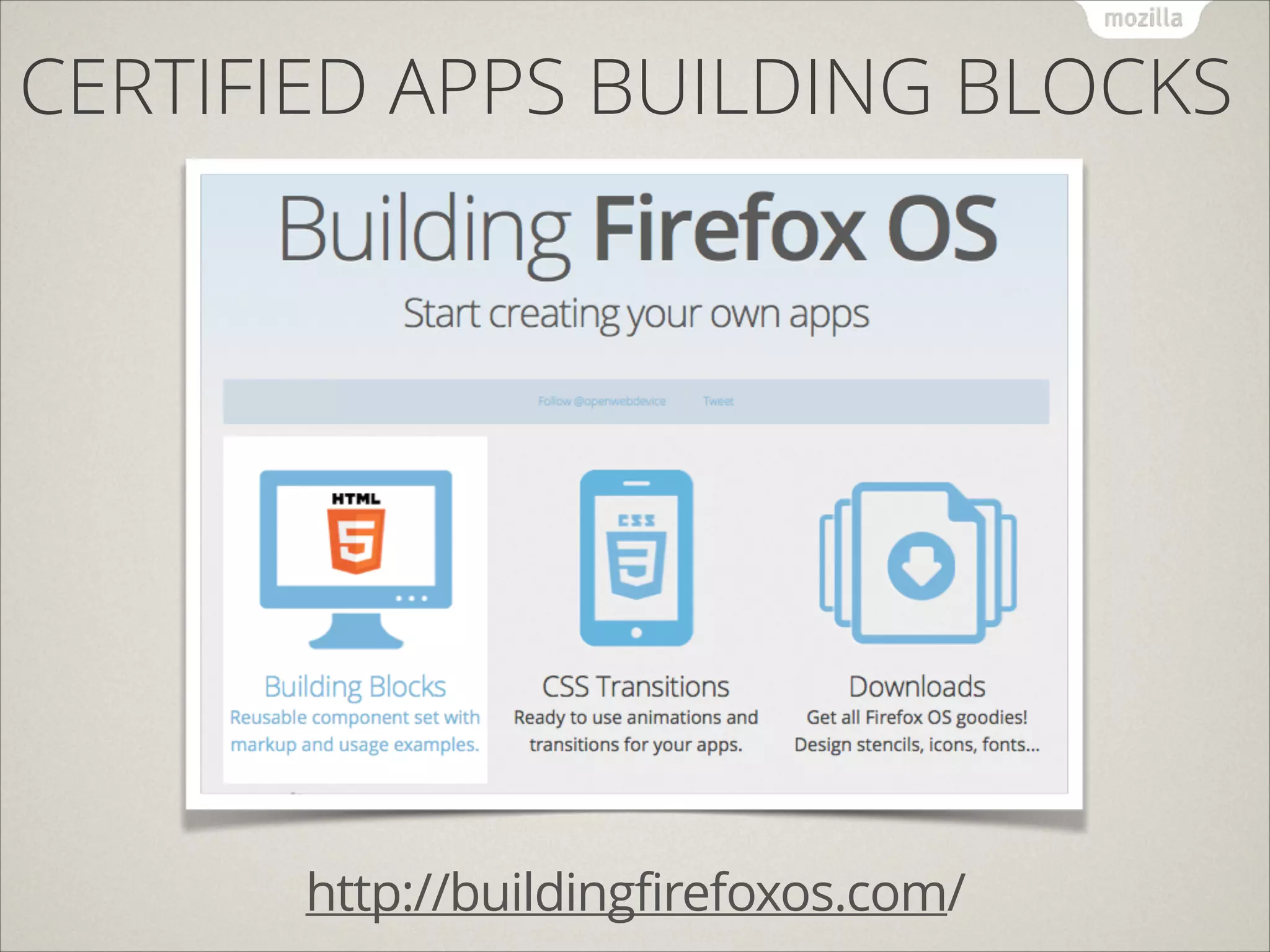 CERTIFIED APPS BUILDING BLOCKS

http://buildingfirefoxos.com/

 
