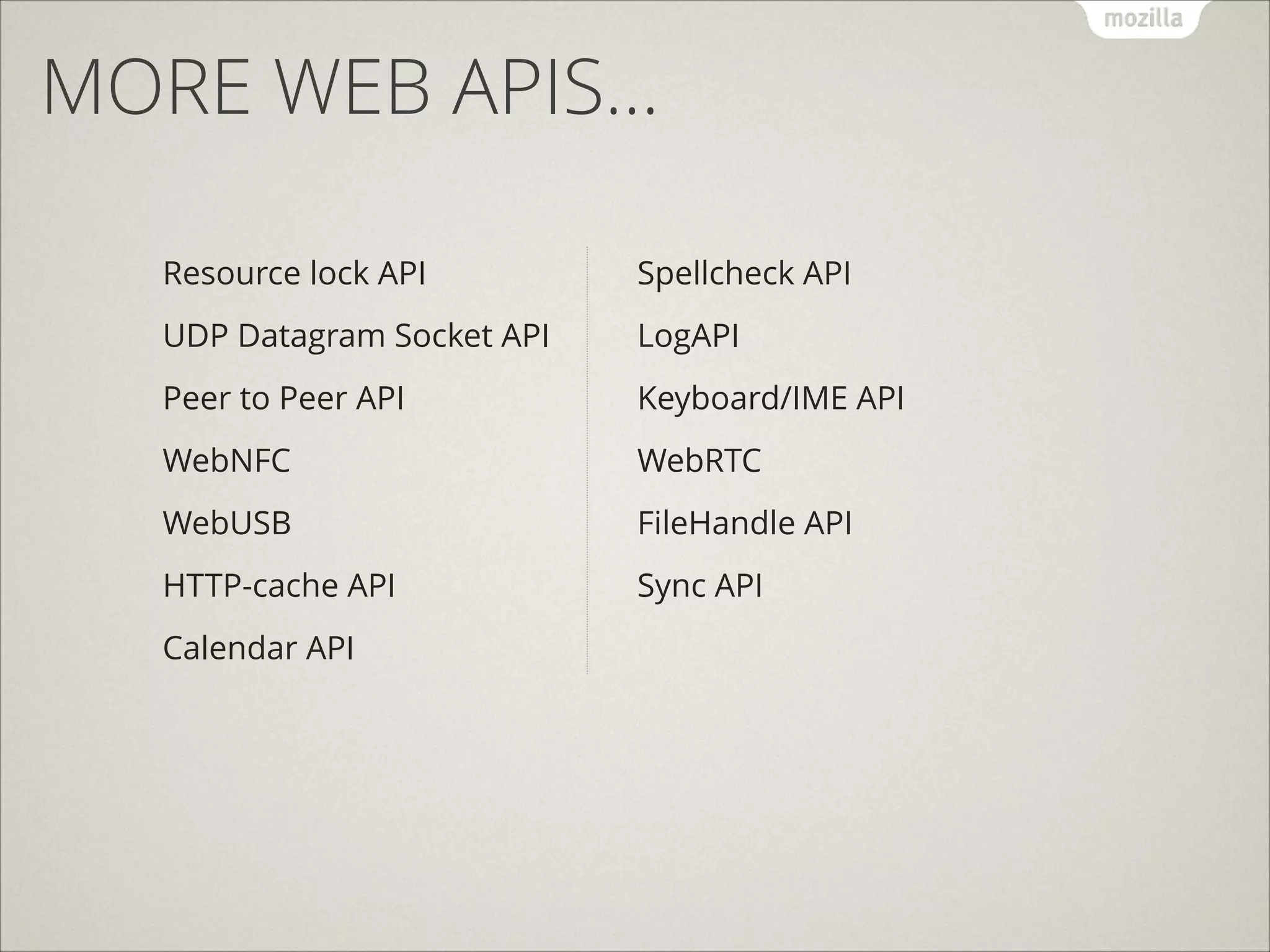 MORE WEB APIS…
Resource lock API

Spellcheck API

UDP Datagram Socket API

LogAPI

Peer to Peer API

Keyboard/IME API

WebNFC

WebRTC

WebUSB

FileHandle API

HTTP-cache API

Sync API

Calendar API

 