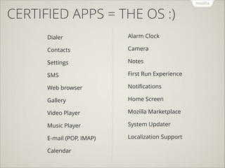 CERTIFIED APPS = THE OS :)
Dialer
!
Contacts
!
Settings
!
SMS
!
Web browser
!
Gallery
!
Video Player
!
Music Player
!
E-mail (POP, IMAP)
!
Calendar

Alarm Clock
!
Camera
!
Notes
!
First Run Experience
!
Notiﬁcations
!
Home Screen
!
Mozilla Marketplace
!
System Updater
!
Localization Support

 