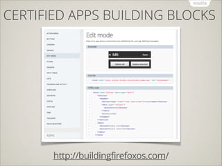 CERTIFIED APPS BUILDING BLOCKS

http://buildingfirefoxos.com/

 