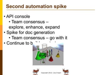 Copyright 2012: Lisa Crispin
Second automation spike
• API console
• Team consensus –
explore, enhance, expand
• Spike for...