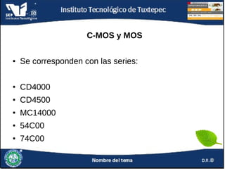 C-MOS y MOS
●

Se corresponden con las series:

●

CD4000

●

CD4500

●

MC14000

●

54C00

●

74C00

 