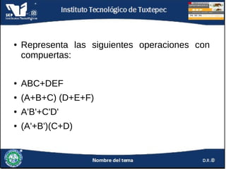 ●

Representa las siguientes operaciones con
compuertas:

●

ABC+DEF

●

(A+B+C) (D+E+F)

●

A'B'+C'D'

●

(A'+B')(C+D)

 