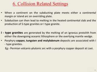 6. Collision Related Settings
• When a continent on the subducting plate meets either a continental
margin or island arc on overriding plate.
• Subduction can then lead to melting in the heated continental slab and the
production of S-type granites or I type granite.
I - type granites are generated by the melting of an igneous protolith from
either the downgoing oceanic lithosphere or the overlying mantle wedge.
• Porphyry copper, tungsten and molybdenum deposits are associated with I
- type granites.
Eg:- Permian volcanic-plutonic arc with a porphyry copper deposit at Loei.
25
 