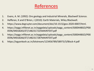 References
1. Evans, A. M. (1992): Ore geology and Industrial Minerals, Blackwell Science.
2. Hefferan, K and O’Brien, J (2010): Earth Materials, Wiley Blackwell.
3. https://www.degruyter.com/document/doi/10.1515/geo-2020-0007/html.
4. https://epgp.inflibnet.ac.in/epgpdata/uploads/epgp_content/S000448GO/P00
0596/M018265/ET/1482317225MAINTEXT.pdf
5. https://epgp.inflibnet.ac.in/epgpdata/uploads/epgp_content/S000448GO/P00
0596/M018266/ET/1482317287MAINTEXT.pdf
6. https://egyankosh.ac.in/bitstream/123456789/58973/3/Block-4.pdf
30
 