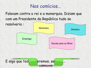 Nos comícios… Falavam contra o rei e a monarquia. Diziam que com um Presidente da República tudo se resolveria : E algo que todos queremos, sempre… Emprego Alimentos Escola para os filhos Dinheiro LIBERDADE 