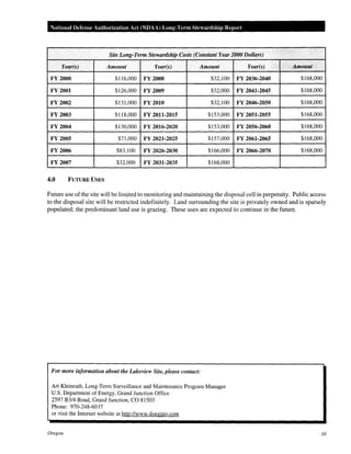 National Defense Authorization Act (NDAA) Long-Term Stewardship Repm·t

Site Long-Term Stewardship Costs (Constant Year 2000 Dollars)
Year(s)

Amount

Year(s)

Amount

Year(s)

Amount

FY 2000

$116,000

FY 2008

$32,100

FY 2036-2040

$168,000

FY 2001

$126,000

FY 2009

$32,000

FY 2041-2045

$168,000

FY2002

$131,000

FY 2010

$32,100

FY 2046-2050

$168,000

FY 2003

$118,000

FY 2011-2015

$153,000

FY 2051-2055

$168,000

FY 2004

$130,000

FY 2016-2020

$153,000

FY 2056-2060

$168,000

FY 2005

$71,000

FY 2021-2025

$157,000

FY 2061-2065

$168,000

FY 2006

$83,100

FY 2026-2030

$166,000

FY 2066-2070

$168,000

FY 2007

$32,000

FY 2031-2035

$168,000

4.0

FUTURE USES

Future use of the site will be limited to monitoring and maintaining the disposal cell in perpetuity. Public access
to the disposal site will be restricted indefinitely. Land surrounding the site is privately owned and is sparsely
populated; the predominant land use is grazing. These uses are expected to continue in the future.

For more information about the Lakeview Site, please contact:
Art Kleinrath, Long-Term Surveillance and Maintenance Program Manager
U.S. Department of Energy, Grand Junction Office
2597 B3/4 Road, Grand Junction, CO 81503
Phone: 970-248-6037
or visit the Internet website at http://www.doegjpo.com

Oregon

10

 