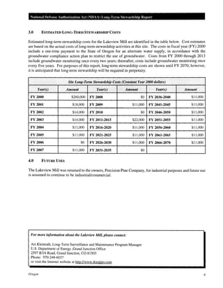 National Defense Authorization Act (NOAA) Long-Term Stewardship Report

3.0

ESTIMATED LONG-TERM STEWARDSHIP COSTS

Estimated long-term stewardship costs for the Lakeview Mill are identified in the table below. Cost estimates
are based on the actual costs of long-term stewardship activities at this site. The costs in fiscal year (FY) 2000
include a one-time payment to the State of Oregon for an alternate water supply, in accordance with the
groundwater compliance action plan to restrict the use of groundwater. Costs from FY 2000 through 2013
include groundwater monitoring once every two years; thereafter, costs include groundwater monitoring once
every five years. For purposes of this report, long-term stewardship costs are shown until FY 2070; however,
it is anticipated that long-term stewardship will be required in perpetuity.
Site Long-Term Stewardship Costs (Constant Year 2000 dollars)
Year(s)

Amount

Year(s)

Year(s)

Amount

Amount

FY 2000

$260,000

FY2008

$0

FY 2036-2040

$11,000

FY 2001

$18,000

FY2009

$11,000

FY 2041-2045

$11,000

FY 2002

$14,000

FY 2010

$0

FY 2046-2050

$11,000

FY2003

$14,000

FY 2011-2015

$22,000

FY 2051-2055

$11,000

FY 2004

$11,000

FY 2016-2020

$11,000

FY 2056-2060

$11,000

FY 2005

$11,000

FY 2021-2025

$11,000

FY 2061-2065

$11,000

FY2006

$0

FY 2026-2030

$11,000

FY 2066-2070

$11,000

FY 2007

$11,000

FY 2031-2035

$0

4.0

FUTURE USES

The Lakeview Mill was returned to the owners, Precision Pine Company, for industrial purposes and future use
is assumed to continue to be industrial/commercial.

For more information about the Lakeview Mill, please contact:
Art Kleinrath, Long-Term Surveillance and Maintenance Program Manager
U.S. Department of Energy ,Grand Junction Office
2597 B3/4 Road, Grand Junction, CO 81503
Phone: 970-248-6037
or visit the Internet website at http://www.doegjpo.com

Oregon

6

 