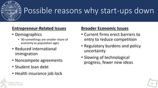 Oregon Office of
Economic Analysis
12
Entrepreneur-Related Issues
• Demographics
• 30-somethings are smaller share of
economy as population ages
• Reduced international
immigration
• Noncompete agreements
• Student loan debt
• Health insurance job lock
Broader Economic Issues
• Current firms erect barriers to
entry to reduce competition
• Regulatory burdens and policy
uncertainty
• Slowing of technological
progress, fewer new ideas
Possible reasons why start-ups down
 