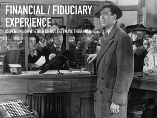 FINANCIAL / FIDUCIARY
EXPERIENCE
(DEPENDING ON WHETHER OR NOT THEY HAVE THEIR MBA)
 