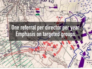 One referral per director per year:
  Emphasis on targeted groups.
 