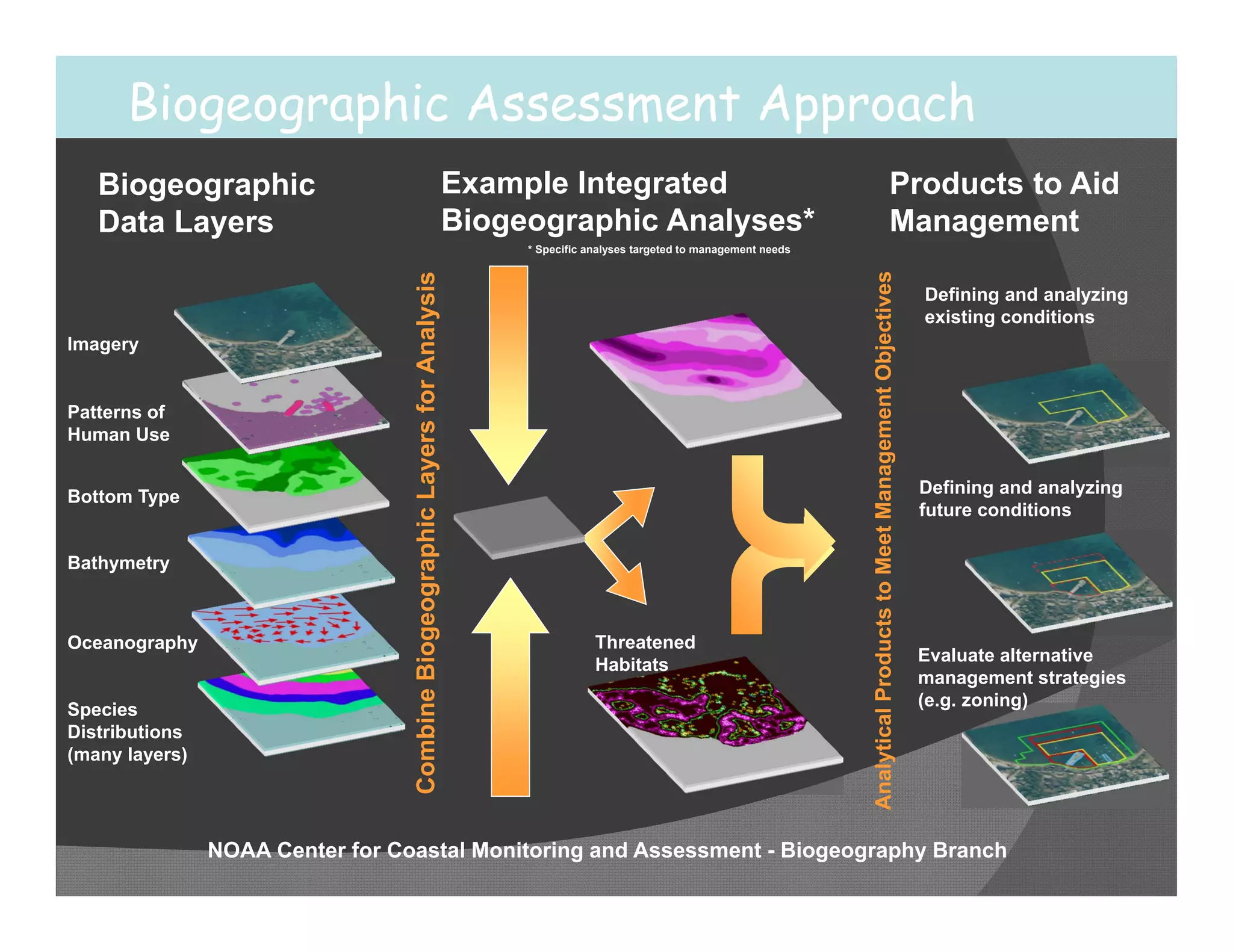 Biogeographic Assessment Approach
  Biogeographic Assessment Approach
   Biogeographic                                                              Example Integrated                                                                        Products to Aid
   Data Layers                                                                Biogeographic Analyses*                                                                   Management
                                                                                   * Specific analyses targeted to management needs




                                                                                                                                      Analytical Products to Meet Management Objectives
                                  Combine Biogeographic Layers for Analysis
                                                                                                                                                                                          Defining and analyzing
                                                                                                                                                                                          existing conditions
Imagery


Patterns of
Human Use


Bottom Type                                                                                                                                                                               Defining and analyzing
                                                                                                                                                                                          future conditions

Bathymetry



Oceanography                                                                                   Threatened
                                                                                                                                                                                          Evaluate alternative
                                                                                               Habitats
                                                                                                                                                                                          management strategies
                                                                                                                                                                                          (e.g. zoning)
Species
Distributions
(many layers)




                NOAA Center for Coastal Monitoring and Assessment - Biogeography Branch
 