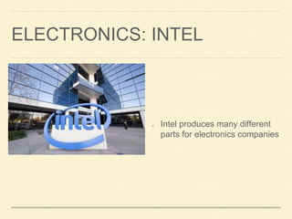 ELECTRONICS: INTEL
Intel produces many different
parts for electronics companies
 