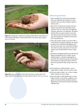 Determining soil texture
                                                                                           1. Take a handful of the soil you have excavated
                                                                                              from your infiltration test. Pulverize it in your
                                                                                              hand and remove any bits of organic matter or
                                                                                              obvious rocks.
                                                                                           2. Wet it with a small amount of water and rub it
                                                                                              between your thumb and index finger. Don’t
                                                                                              saturate it until it is runny mud. You might feel
                                                                                              stickiness, grittiness, or smoothness. The grittier
                                                                                              the feel, the more sand is present in your soil.
                                                                                              The slicker the soil, the more clay in it. Smooth
Figure 7a: Conducting a soil feel test by making a ball with the moistened soil, to
                                                                                              soils are sometimes an indicator of a fine silt or
see how easily it falls apart as well as what texture it has (sticky, silky, or gritty).
                                                                                              loam. Discard the soil.
(Photo: Gina Emanuel)
                                                                                           3. Next, take another sample in your hand. Wet it
                                                                                              until it has the consistency of dough. You should
                                                                                              be able to form a ball that holds together with
                                                                                              the soil in your palm. If you cannot get the ball to
                                                                                              form, then your soil is very sandy. In most soils,
                                                                                              however, you should be able to create a rough
                                                                                              ball.
                                                                                           4. Knead the soil together between your thumb and
                                                                                              fingers and attempt to form a ribbon. As you
                                                                                              build the ribbon, it will either hold together or
                                                                                              break off. If the soil breaks quickly in the process,
                                                                                              then it likely has a high sand content. If the rib-
                                                                                              bon forms quickly and stays strong, it has more
                                                                                              clay.

                                                                                           ■   If the soil forms a ribbon less than 1 inch in
                                                                                               length before it breaks, the soil is sandy or silty.
                                                                                           ■   If the soil makes a ribbon 1 to 2 inches in length
Figure 7b: Using a soil ribbon to test soil for clay, loam, or sand content. The               before it breaks, the soil is clayey.
longer and firmer the ribbon, the more clay content in the soil. (Photo: Gina Emanuel)     ■   If the soil makes a ribbon greater than 2 inches
                                                                                               before it breaks, it may not be suitable for a rain
                                                                                               garden constructed without professional help,
                                                                                               depending on how fast the soil drains during the
                                                                                               infiltration test.




10                                                                        The Oregon Rain Garden Guide: Landscaping for Clean Water and Healthy Streams
 