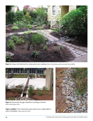 Figure 11: Using a rock-lined trench to convey water across a walkway (Photo: Portland Bureau of Environmental Services [BES])




Figure 12: Trench drain through a sidewalk at a building in Portland.
(Photo: Derek Godwin, OSU)


Figure 13 (right): A “dry” stream bed conveys water across a surface before it
enters a rain garden. (Photo: Judy Scott, OSU)


14                                                                       The Oregon Rain Garden Guide: Landscaping for Clean Water and Healthy Streams
 