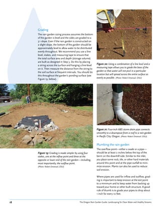 Grading
     The rain garden sizing process assumes the bottom
     of the garden is level and the sides are graded to a
     3:1 slope. Even if the rain garden is constructed on
     a slight slope, the bottom of the garden should be
     approximately level to allow water to be distributed
     evenly throughout. We recommend you use a line
     level, stakes, and measuring tape to ensure that
     the total surface area and depth (storage volume)
     are built as designed in Step 3. Do this by placing
     a string across the surface and hanging a line-level      Figure 20: Using a combination of a line level and a
     on it. Then measure the distance from the string to       measuring tape allows you to grade the base of the
     the soil surface at frequent intervals. You should do     garden so that water will not pool in a particular
     this throughout the garden’s ponding surface (see         location but will spread across the entire surface as
     Figure 19, below).                                        evenly as possible. (Photo: Robert Emanuel, OSU)




                                                               Figure 21: Four-inch ABS storm-drain pipe connects
                                                               smoothly to a downspout from a roof to a rain garden
                                                               in Pacific City, Oregon. (Photo: Robert Emanuel, OSU)


                                                               Plumbing the rain garden
                                                               The overflow point—either a swale or a pipe—
     Figure 19: Grading is made simpler by using four          should be at least 2 inches below the top of the
     stakes, one at the inflow point and three at the          berm on the downhill side. Similar to the inlet,
     opposite or lower end of the rain garden—including,       you place some rock, tile, or other hard materials
     most importantly, the outflow point.                      around this point and at the pipe outfall to mini-
     (Photo: Robert Emanuel, OSU)                              mize erosion. Plants can also be used to reduce
                                                               soil erosion.

                                                               Where pipes are used for inflow and outflow, grad-
                                                               ing is important to keep erosion at the exit point
                                                               to a minimum and to keep water from backing up
                                                               toward your home or other built structure. A good
                                                               rule of thumb is to grade your pipes to drop about
                                                               1 inch for every 10 feet.


18                                           The Oregon Rain Garden Guide: Landscaping for Clean Water and Healthy Streams
 