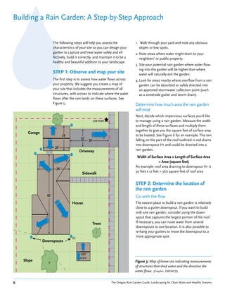 Building a Rain Garden: A Step-by-Step Approach


                                 The following steps will help you assess the                            1. Walk through your yard and note any obvious-
                                 characteristics of your site so you can design your                        slopes or low spots.
                                 garden to capture and treat water safely and ef-                        2. Note areas where water might drain to your
                                 fectively, build it correctly, and maintain it to be a                     neighbors’ or public property.
                                 healthy and beautiful addition to your landscape.
                                                                                                         3. Site your potential rain garden where water flow-
                                                                                                            ing into the garden will be higher than where
                                 STEP 1: Observe and map your site                                          water will naturally exit the garden.
                                 The first step is to assess how water flows across                      4. Look for areas nearby where overflow from a rain
                                 your property. We suggest you create a map of                              garden can be absorbed or safely directed into
                                 your site that includes the measurements of all                            an approved stormwater collection point (such
                                 structures, with arrows to indicate where the water                        as a streetside gutter and storm drain).
                                 flows after the rain lands on these surfaces. See
                                 Figure 5.                                                               Determine how much area the rain garden
                                                                                                         will treat
                                                                                                         Next, decide which impervious surfaces you’d like
                                                                           LOW POINT
                                                                           LOW O NT
                                                                            O
                                                                            OW     T                     to manage using a rain garden. Measure the width
                                                                                                         and length of these surfaces and multiply them
                                                                                                         together to give you the square feet of surface area
      Garage                                                            
                                            14’
                                            14
                                             4’                                                          to be treated. See Figure 6 for an example. The rain
                                                           10’
                                                           10
                                                            0        30’
                                                                     30                                  falling on the part of the roof outlined in red drains
                                                                                                         into downspout H1 and could be directed into a
                                     20
                                     20’
                                                           Driveway                                      rain garden.
                                                                                                          Width of Surface Area x Length of Surface Area
                                                                                                                          = Area (square feet)
                                                                                                         An example: roof area draining to downspout H1 is
                                      24’
                                      24
                                      24
                                       4’
                                                                                                         30 feet x 12 feet = 360 square feet of roof area
                                                             Sidewalk

                                                                                                         STEP 2: Determine the location of
                                                                                                         the rain garden
                          45’’
                          45
                          45                                                                             Go with the flow
                                      




                                                  House                                                  The easiest place to build a rain garden is relatively
                                                                                                         close to a gutter downspout. If you want to build
                                                                                                         only one rain garden, consider using the down-
                                                                                                         spout that captures the largest portion of the roof.
                                                                                                         If necessary, you can route water from several
                                                                       Trees
                                                                                                         downspouts to one location. It is also possible to
                                                                                                         re-hang your gutters to move the downspout to a
                                                  H1
                                                  H1                                                     more appropriate spot.
                     Downspouts
                                                        
                                                            SHED
                                                            SHED
                                                             HD
                                                             HED
                                                           10’X10’
                                                           10 X10
                                                              X10
    Slope                                                                                                Figure 5: Map of home site indicating measurements
                                                                                                         of structures that shed water and the direction the
                                                                                                         water flows. (Graphic: EMSWCD)


6                                                                                      The Oregon Rain Garden Guide: Landscaping for Clean Water and Healthy Streams
         E
      OP
 