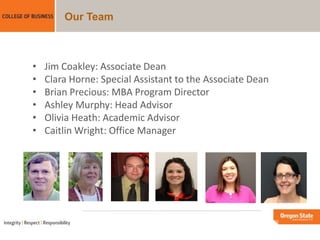 Our Team
• Jim Coakley: Associate Dean
• Clara Horne: Special Assistant to the Associate Dean
• Brian Precious: MBA Program Director
• Ashley Murphy: Head Advisor
• Olivia Heath: Academic Advisor
• Caitlin Wright: Office Manager
 