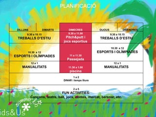 PLANIFICACIÓ



 DILLUNS              DIMARTS       DIMECRES             DIJOUS               DIVENDRES
       9.30 a 10.15                 9.30 a 11.00                  9.30 a 10.15
 TREBALLS D’ESTIU                 Pitch&putt i           TREBALLS D’ESTIU
                                 jocs esportius
                                                                  10.30 a 12
       10.30 a 12                                       ESPORTS I OLÍMPIADES
ESPORTS I OLÍMPIADES                 11 a 11.30
                                   Passejada
           12 a 1                                                    12 a 1
    MANUALITATS                     11.30 a 1.00           MANUALITATS
                                     piscina
                                        1a2
                                 DINAR i temps lliure


                                        2a5
                              FUN ACTIVITIES:
           Cançons, teatre, ball, jocs, contes, mercat, berenar, etc.
 
