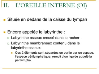 II. L’OREILLE INTERNE (OI)
Située en dedans de la caisse du tympan
Encore appelée le labyrinthe :
Labyrinthe osseux creusé dans le rocher
Labyrinthe membraneux contenu dans le
labyrinthe osseux
Ces 2 éléments sont séparées en partie par un espace,
l’espace périlymphatique, rempli d’un liquide appelé la
périlymphe.
 