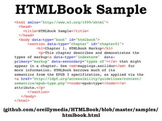 HTMLBook Sample
(github.com/oreillymedia/HTMLBook/blob/master/samples/
htmlbook.html
<html xmlns="http://www.w3.org/1999/x...