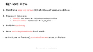 © 2019, Amazon Web Services, Inc. or its affiliates. All rights reserved.
High-level view
1. Start from a large text corpus (100s of millions of words, even billions)
2. Preprocess the corpus
• Tokenize: « hello, world! » → « <BOS>hello<SP>world<SP>!<EOS>»
• Multi-word entities: « Rio de Janeiro » → « rio_de_janeiro »
3. Build the vocabulary
4. Learn vector representations for all words
… or simply use (or fine-tune) pre-trained vectors (more on this later)
 