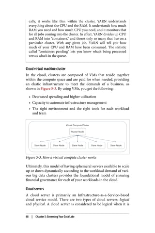 cally, it works like this: within the cluster, YARN understands
everything about the CPU and the RAM. It understands how much
RAM you need and how much CPU you need, and it monitors that
for all jobs coming into the cluster. In effect, YARN divides up CPU
and RAM into “containers,” and there’s only so many that live on a
particular cluster. With any given job, YARN will tell you how
much of your CPU and RAM have been consumed. The statistic
called “containers pending” lets you know what’s being processed
versus what’s in the queue.
Cloud virtual machine cluster
In the cloud, clusters are composed of VMs that reside together
within the compute space and are paid for when needed, providing
an elastic infrastructure to meet the demands of a business, as
shown in Figure 5-3. By using VMs, you get the following:
• Decreased spending and higher utilization
• Capacity to automate infrastructure management
• The right environment and the right tools for each workload
and team
Figure 5-3. How a virtual compute cluster works
Ultimately, this model of having ephemeral servers available to scale
up or down dynamically according to the workload demand of vari‐
ous big data clusters provides the foundational model of ensuring
financial governance for each of your workloads in the cloud.
Cloud servers
A cloud server is primarily an Infrastructure-as-a-Service–based
cloud service model. There are two types of cloud servers: logical
and physical. A cloud server is considered to be logical when it is
68 | Chapter 5: Governing Your Data Lake
 