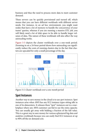 business and thus the need to process more data to meet customer
demand.
These servers can be quickly provisioned and turned off, which
means that you can have different workloads with different server
needs. For instance, in an ad hoc environment, you might want
nodes that have a lot of memory to handle the concurrency of your
teams’ queries, whereas if you are running a massive ETL job, you
will likely need a lot of disk space to be able to handle larger vol‐
umes of data. The nature of these workloads will also affect the way
autoscaling works.
Figure 5-5 depicts the cluster workloads over a one-week period.
Zooming in on a 24-hour period shows how autoscaling can signifi‐
cantly reduce the costs of running clusters due to the fact that clus‐
ters are upscaled for only a small percentage of the day.
Figure 5-5. Cluster workloads over a one-month period
Spot Instances
Another way to save money in the cloud is to use spot instances. Spot
instances arise when AWS has any EC2 instance types sitting idle in
one of its datacenters. It releases these “spot” instances out to a mar‐
ketplace where any AWS customer can bid to use the extra capacity.
You can usually get away with bidding a fraction of the full value.
This is a great way to save money for various ephemeral big data and
analytics workloads because you can easily find EC2 instances at up
to 90% off the on-demand cost.
70 | Chapter 5: Governing Your Data Lake
 