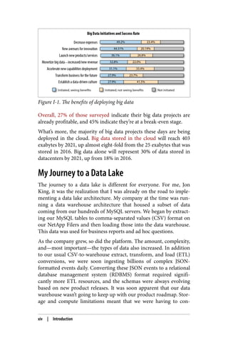 Figure I-1. The benefits of deploying big data
Overall, 27% of those surveyed indicate their big data projects are
already profitable, and 45% indicate they’re at a break-even stage.
What’s more, the majority of big data projects these days are being
deployed in the cloud. Big data stored in the cloud will reach 403
exabytes by 2021, up almost eight-fold from the 25 exabytes that was
stored in 2016. Big data alone will represent 30% of data stored in
datacenters by 2021, up from 18% in 2016.
My Journey to a Data Lake
The journey to a data lake is different for everyone. For me, Jon
King, it was the realization that I was already on the road to imple‐
menting a data lake architecture. My company at the time was run‐
ning a data warehouse architecture that housed a subset of data
coming from our hundreds of MySQL servers. We began by extract‐
ing our MySQL tables to comma-separated values (CSV) format on
our NetApp Filers and then loading those into the data warehouse.
This data was used for business reports and ad hoc questions.
As the company grew, so did the platform. The amount, complexity,
and—most important—the types of data also increased. In addition
to our usual CSV-to-warehouse extract, transform, and load (ETL)
conversions, we were soon ingesting billions of complex JSON-
formatted events daily. Converting these JSON events to a relational
database management system (RDBMS) format required signifi‐
cantly more ETL resources, and the schemas were always evolving
based on new product releases. It was soon apparent that our data
warehouse wasn’t going to keep up with our product roadmap. Stor‐
age and compute limitations meant that we were having to con‐
xiv | Introduction
 